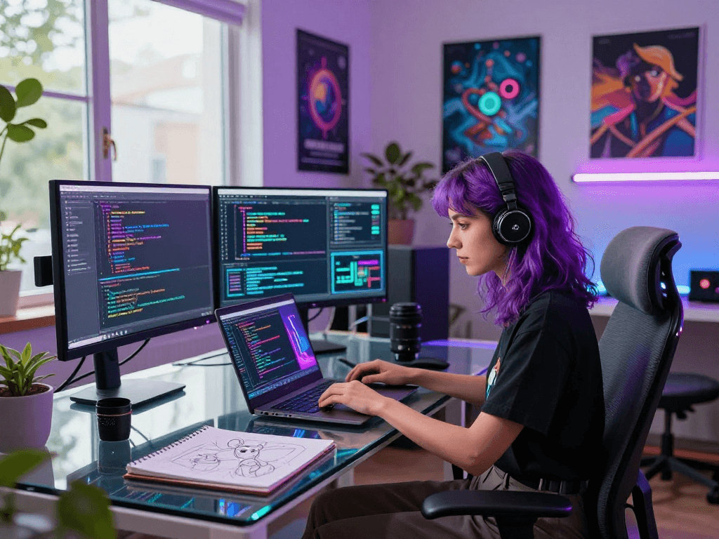 Female developer in a vibrant workspace coding with nsfw ai project elements.