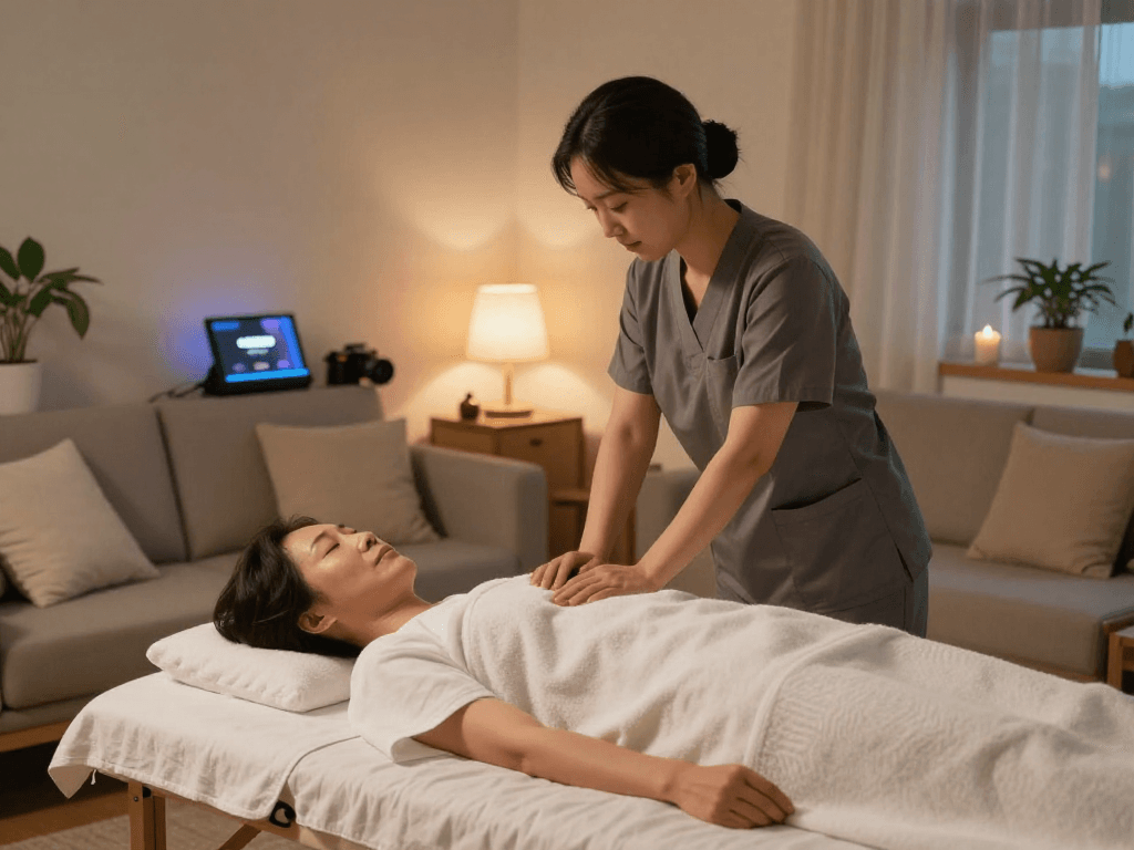Relaxing 서대문출장마사지 scene with a professional therapist providing home massage therapy in a serene environment.