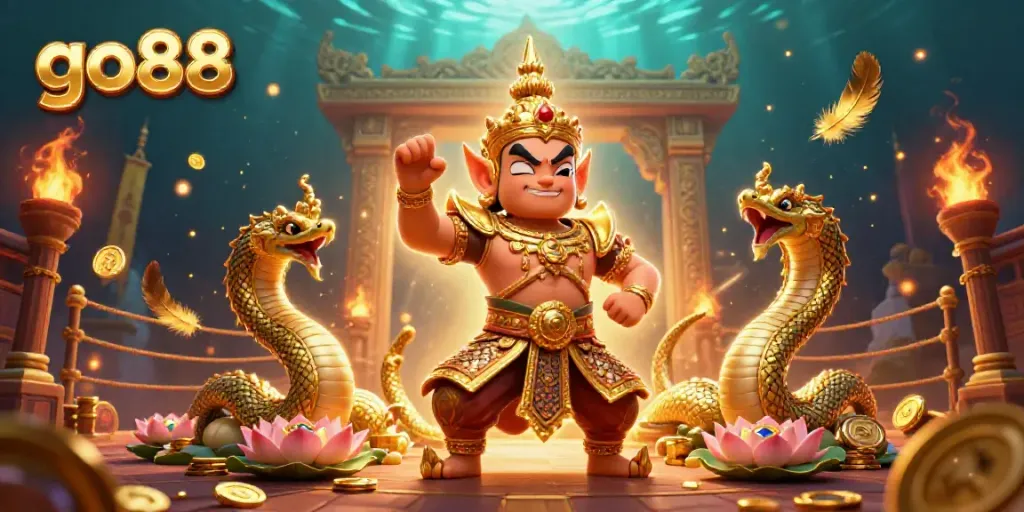 Spin and win with go88, featuring a friendly yaksha guardian and vibrant casino elements.