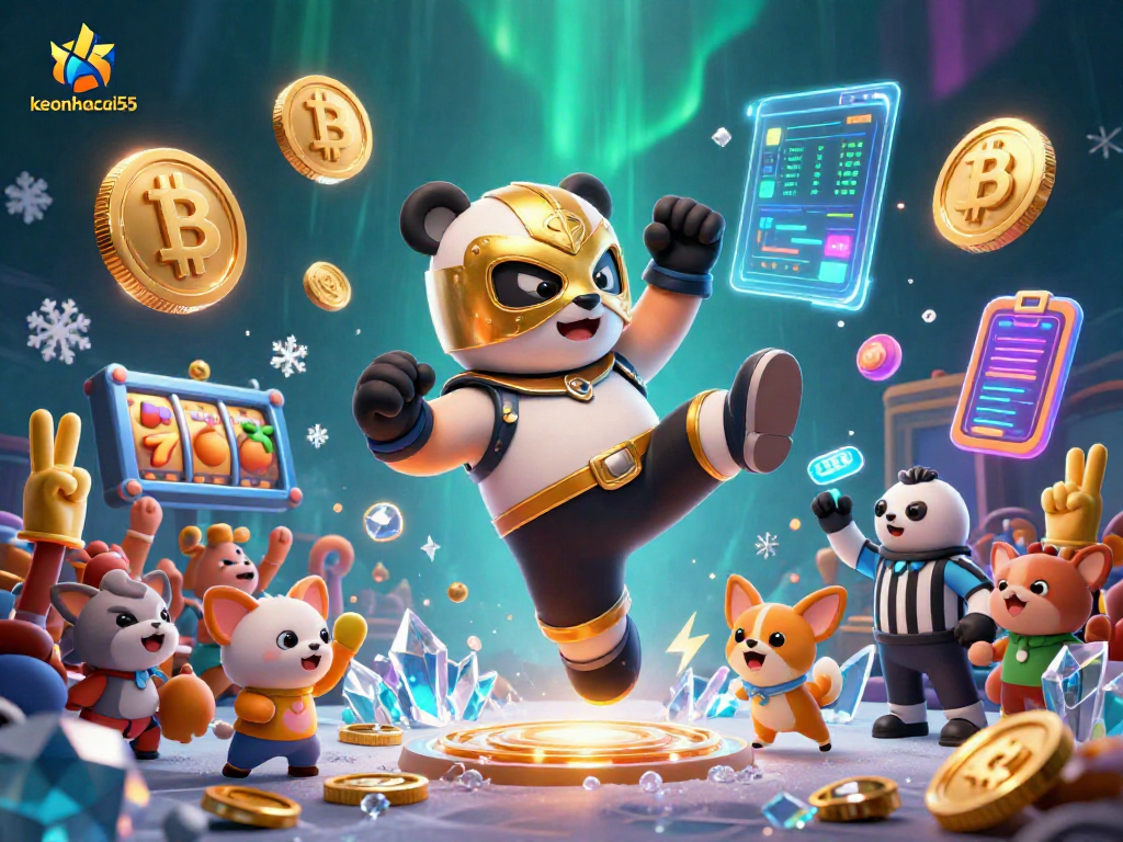 Bet on excitement with keonhacai55 at a dynamic casino scene featuring a wrestling panda!