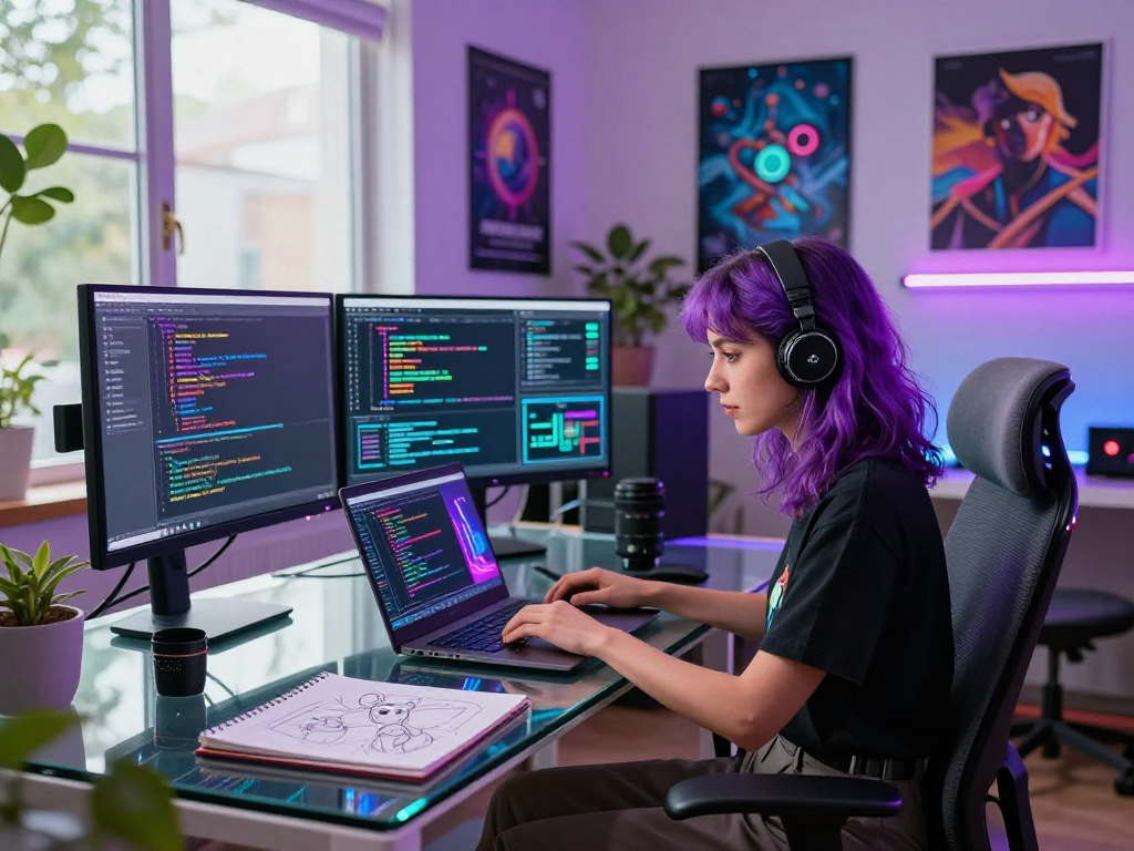 Female developer in a vibrant workspace coding with nsfw ai project elements.