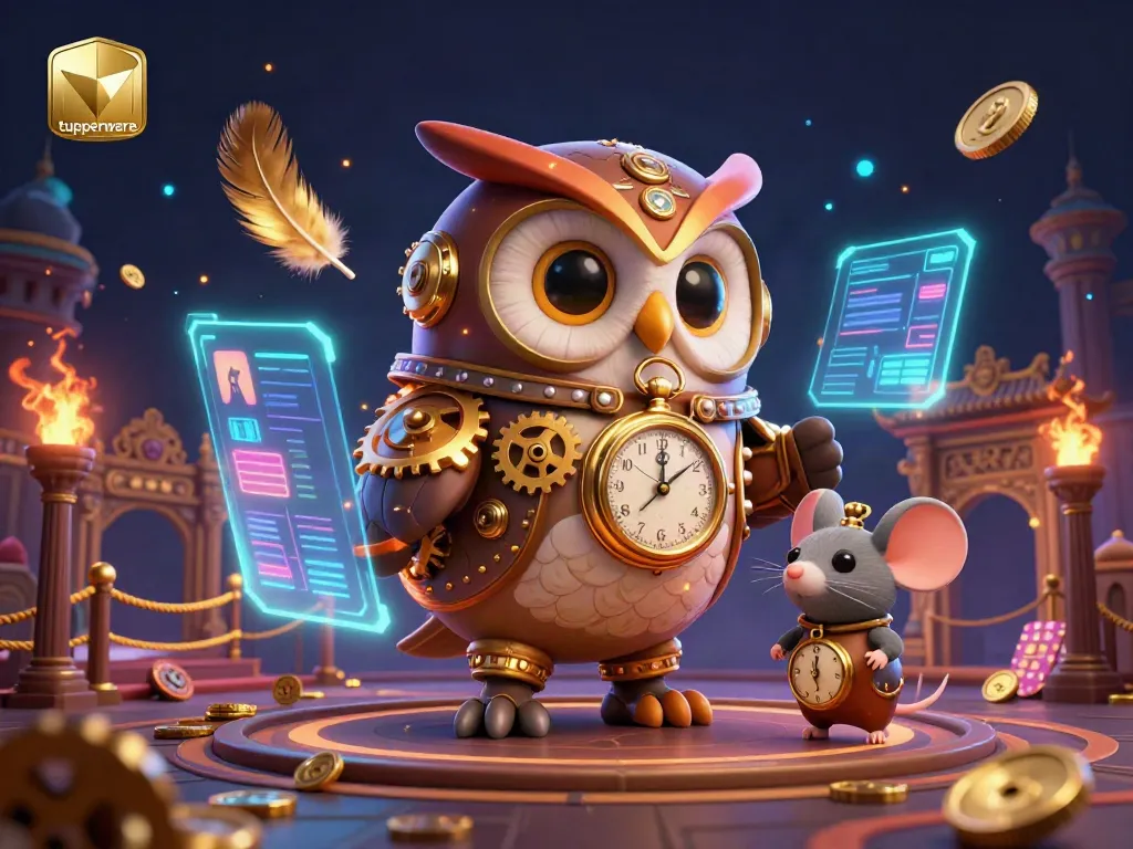 A thrilling tupperware adventure in a timeless casino, featuring a time-traveler owl and a clockwork mouse.