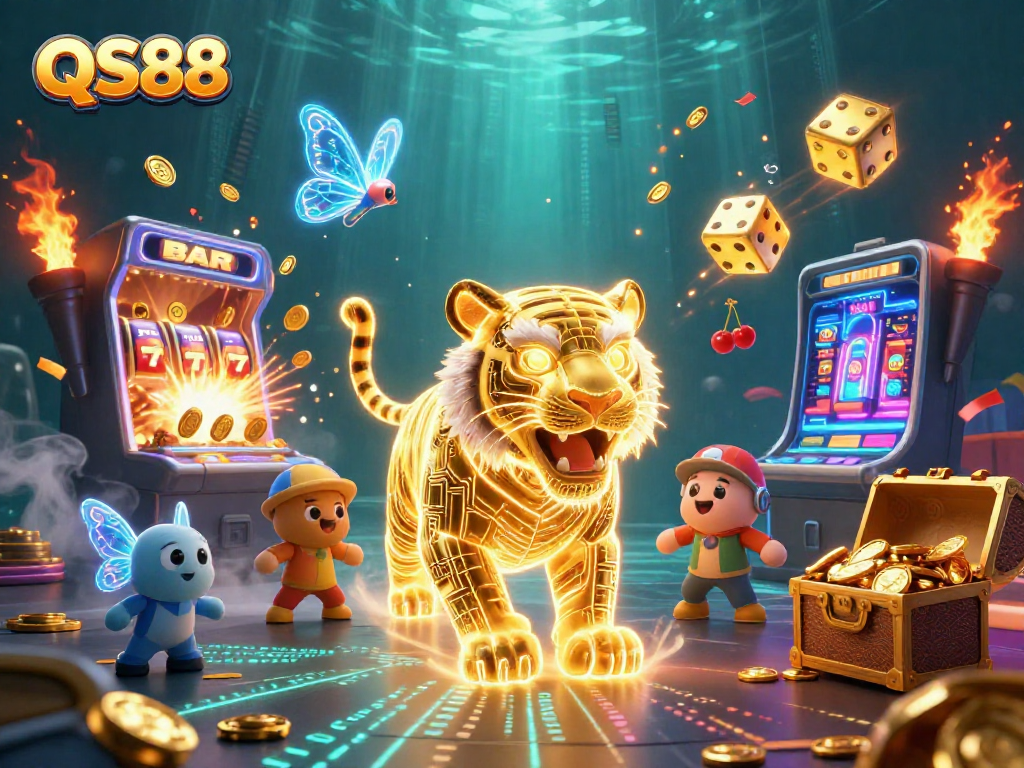 Win big with QS88 at the vibrant digital casino, featuring a golden tiger and jackpot elements.
