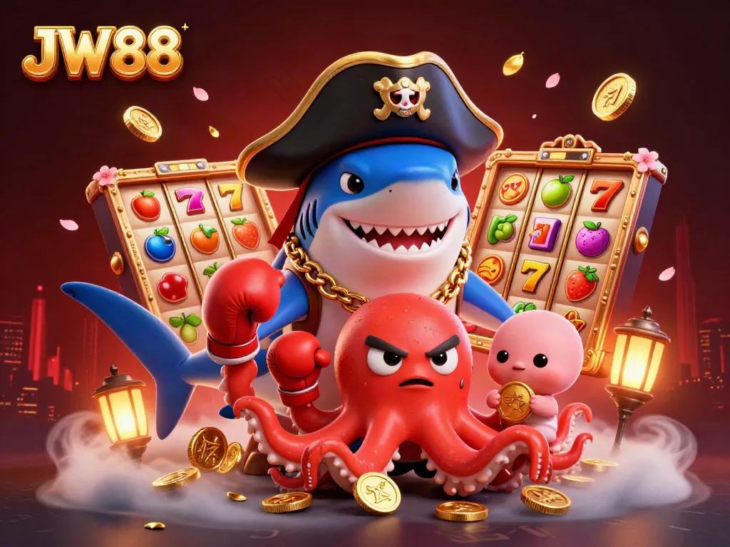 Experience thrilling gameplay with JW88 as cartoon characters enjoy slot machines amidst vibrant casino elements.