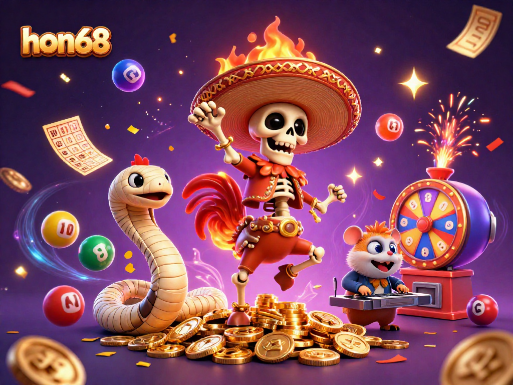 Experience thrilling wins at hon68 with a vibrant celebration of casino gaming featuring lively characters and dynamic elements.