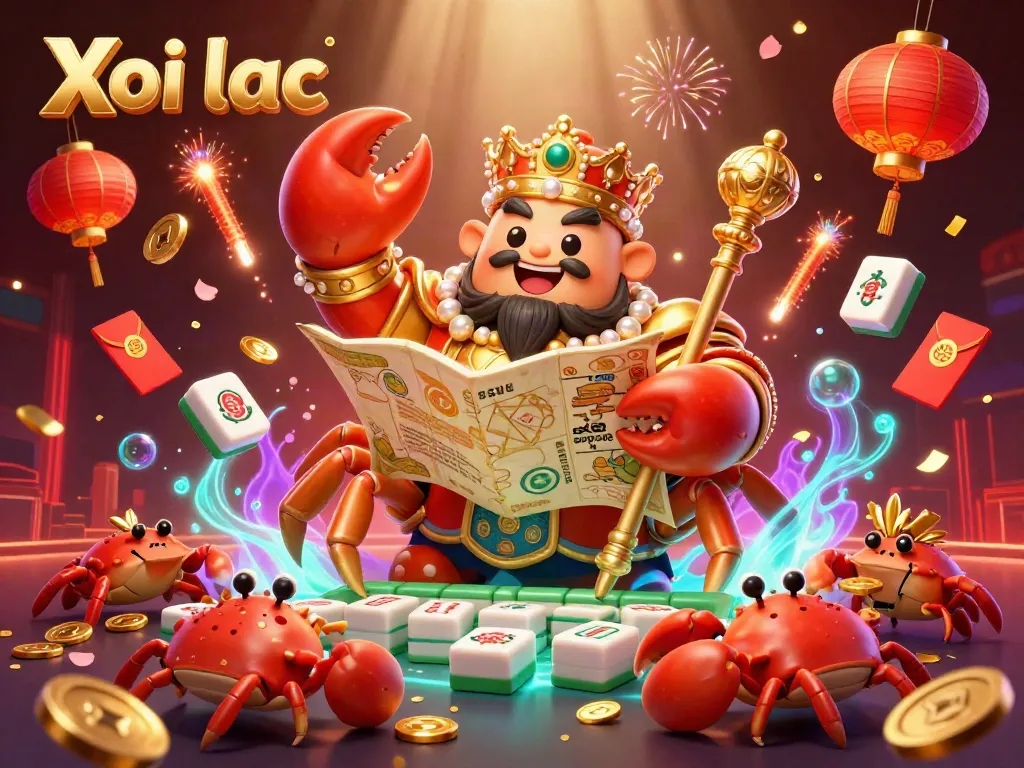 Xoi lac showcases an ultra-detailed 3D scene with a golden crab emperor and lively gambling elements in a vibrant casino.