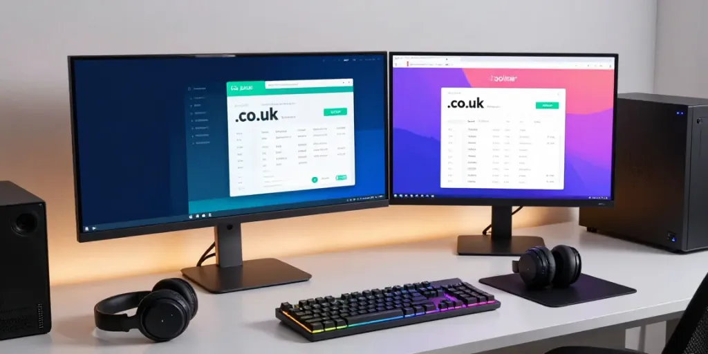 Register .co.uk domain interface on a vibrant developer setup featuring advanced tech tools