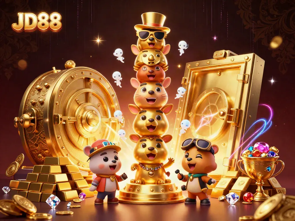 Experience the thrill of JD88 with a vibrant 3D illustration of a cartoon totem and casino treasures.