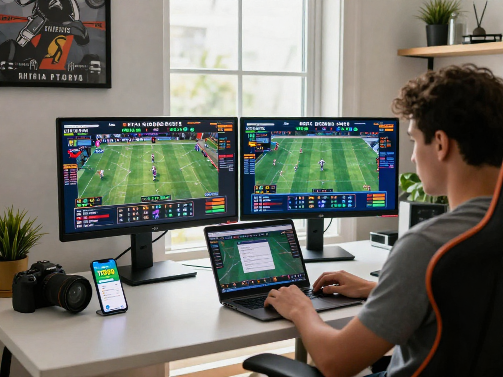 Engaged player using TK999 for online sports betting in a modern home office.