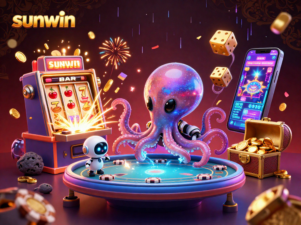 Engage with sunwin in a vibrant 3D casino scene featuring an alien octopus and poker excitement.