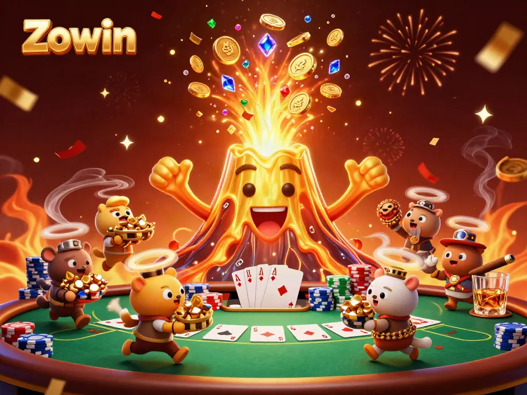 Experience jackpot excitement with Zowin's thrilling gaming scene featuring a golden volcano.