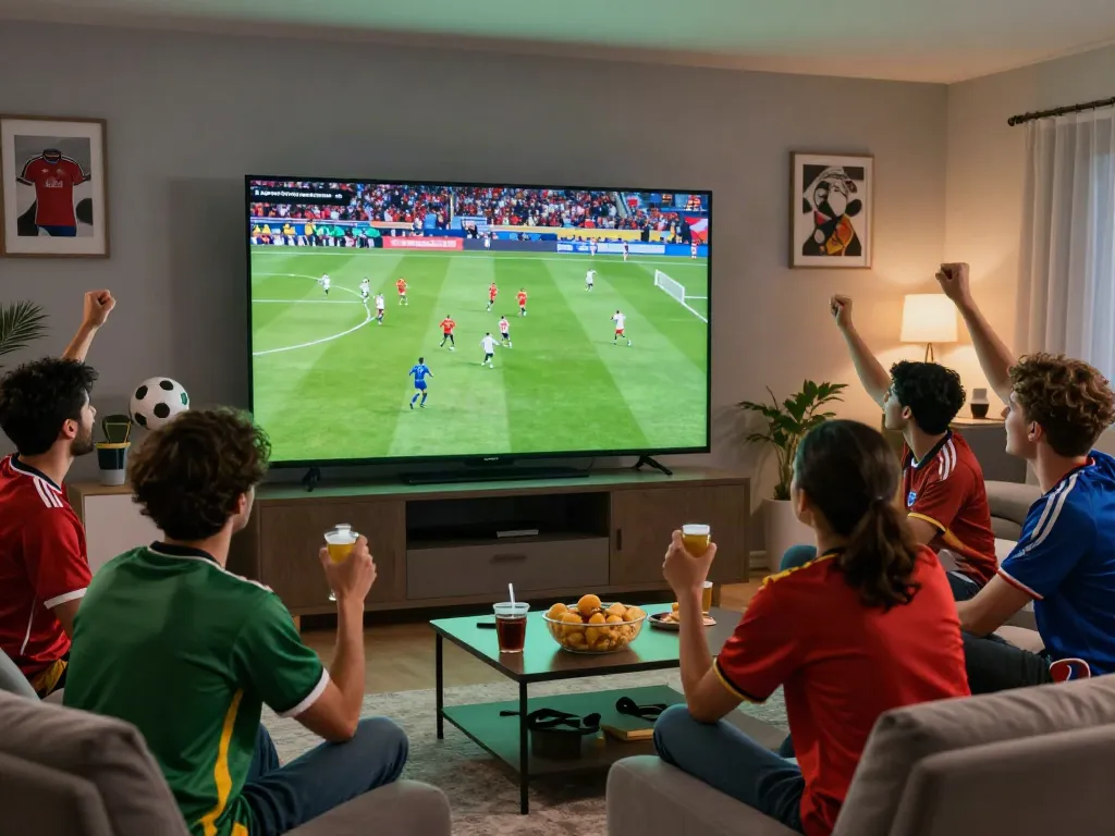 Engaged friends watching Gavangtv live football match in a lively atmosphere.