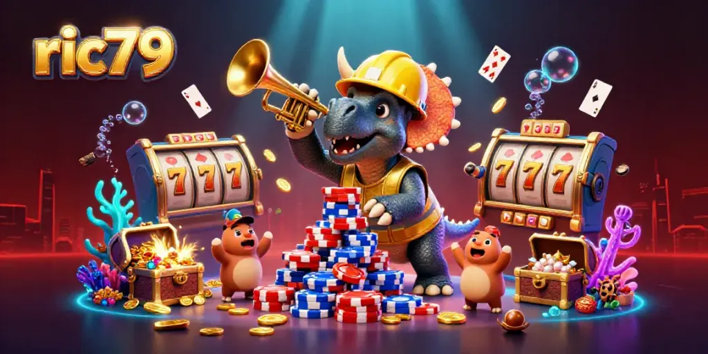 Celebrate with ric79 as a triceratops constructs a poker chip pyramid in an engaging casino scene.