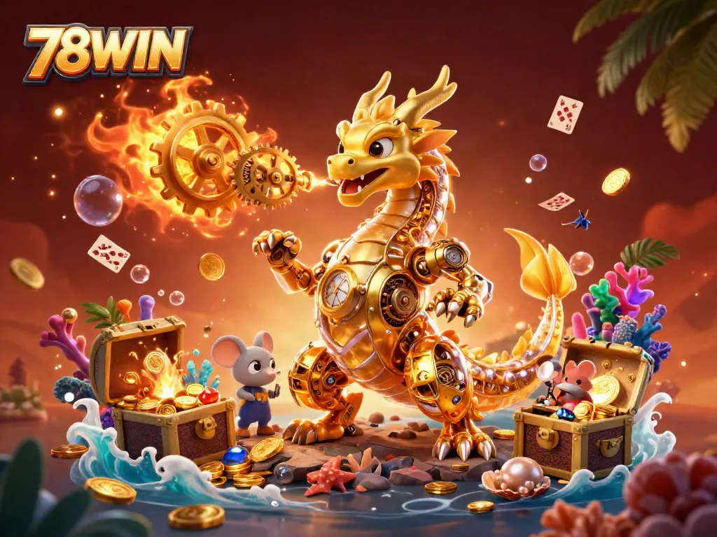 Engage with 78WIN's rich gaming atmosphere featuring a golden dragon and underwater treasures.