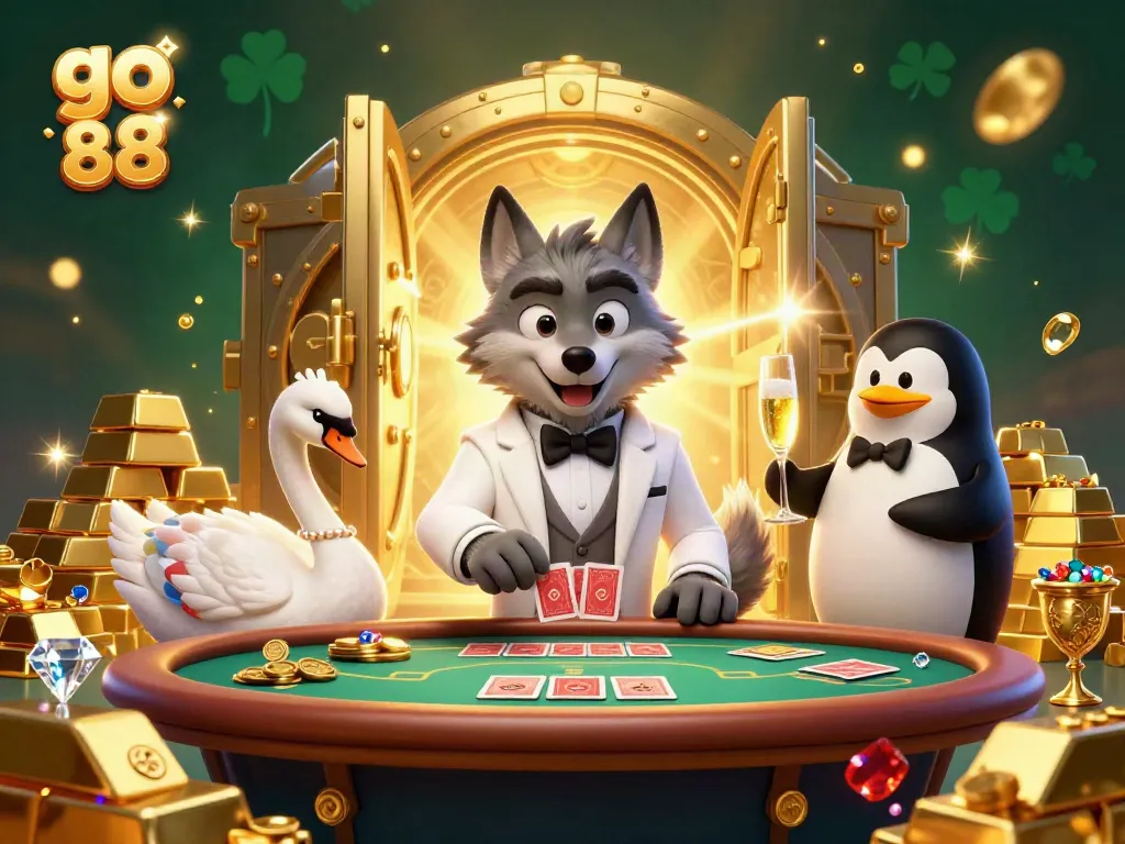 Engage in the excitement of go 88 with this vibrant 3D scene featuring a debonair wolf, elegant swan, and sophisticated penguin.