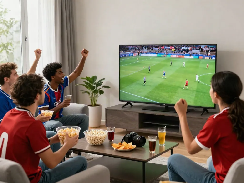 Exciting home football game scene with fans cheering in Full HD on TV, showcasing the joy of xoilactv.