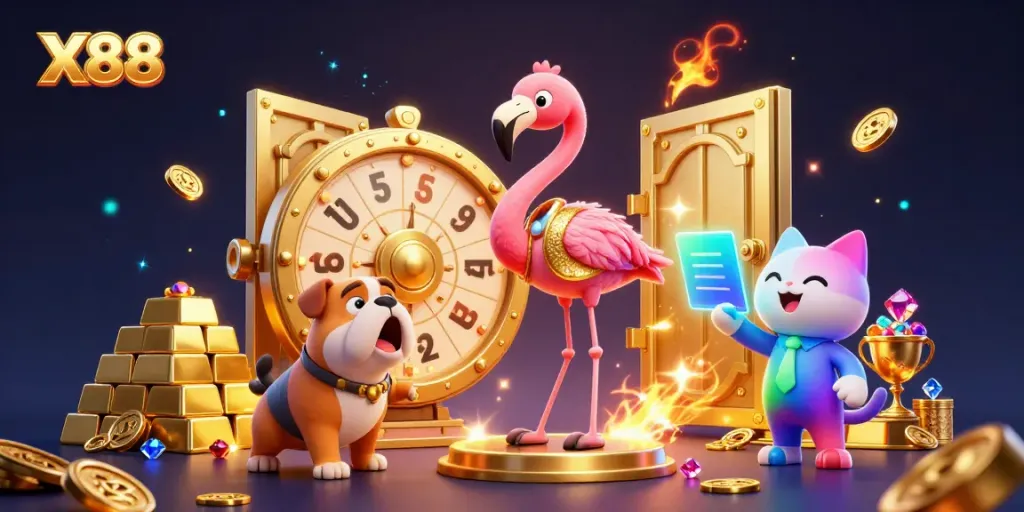 X88 casino adventure featuring a flamingo host and bulldog contestant in a lavish prize scene.