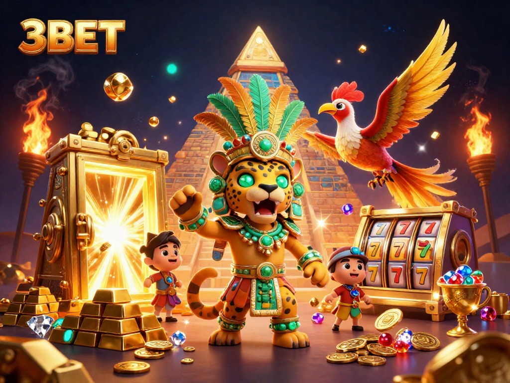 Experience the thrill of 3BET with a vibrant casino scene featuring a Mayan jaguar priest and treasures.