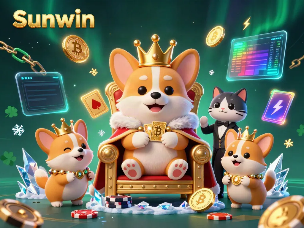 Experience exciting gaming moments with Sunwin in this vibrant 3D illustration featuring gaming elements and royal characters.