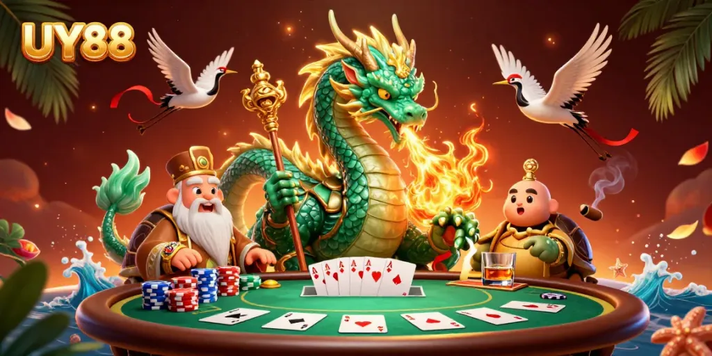 Engage with UY88's vibrant 3D casino world featuring a jade dragon and poker elements.