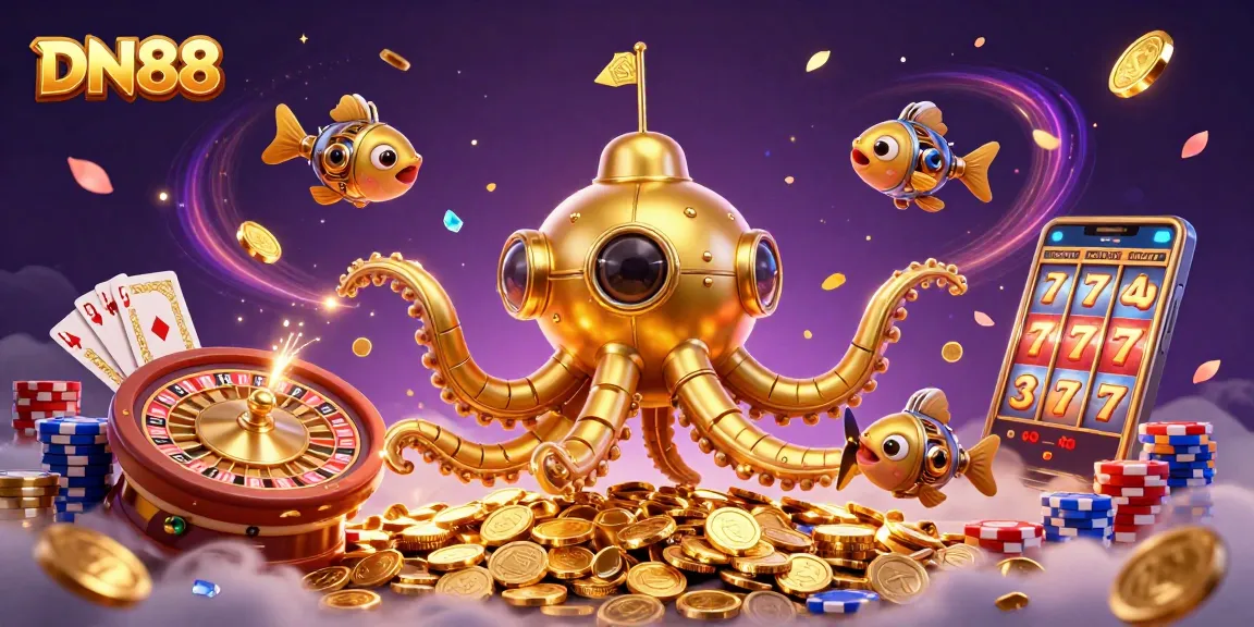 Experience thrilling gameplay with the DN88 kraken submarine surrounded by golden coins and casino elements.