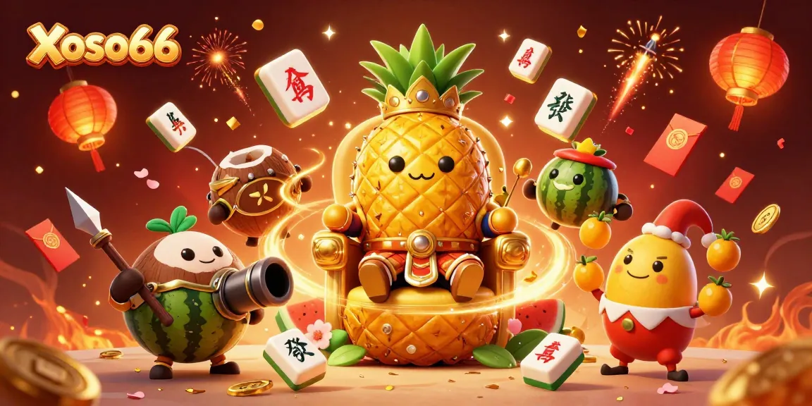 Experience the vibrant Xoso66 beach casino scene with the golden pineapple king, showcasing rich gambling elements and festive atmosphere.