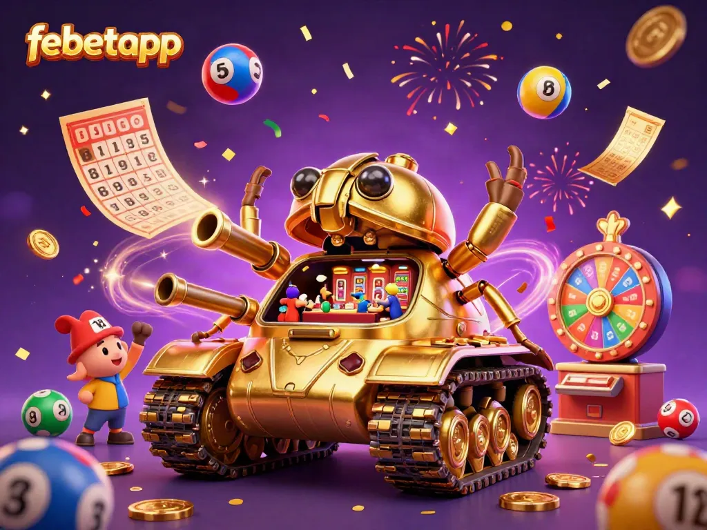 Experience the excitement of febetapp as confetti burst from a golden casino beetle tank amidst dynamic lottery games.