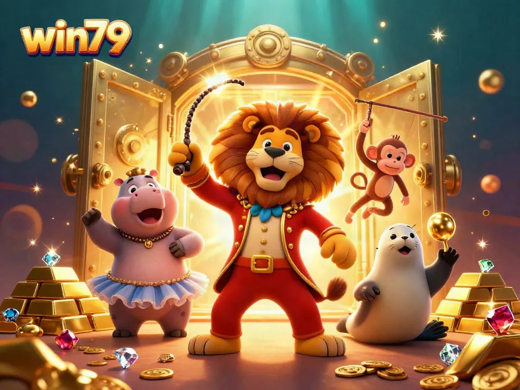 Win79's vibrant casino adventure scene featuring animated characters amidst wealth and excitement.