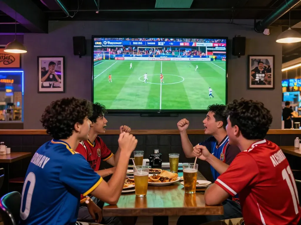 Friends cheering for Thapcamtv while watching a live football match in a sports bar.