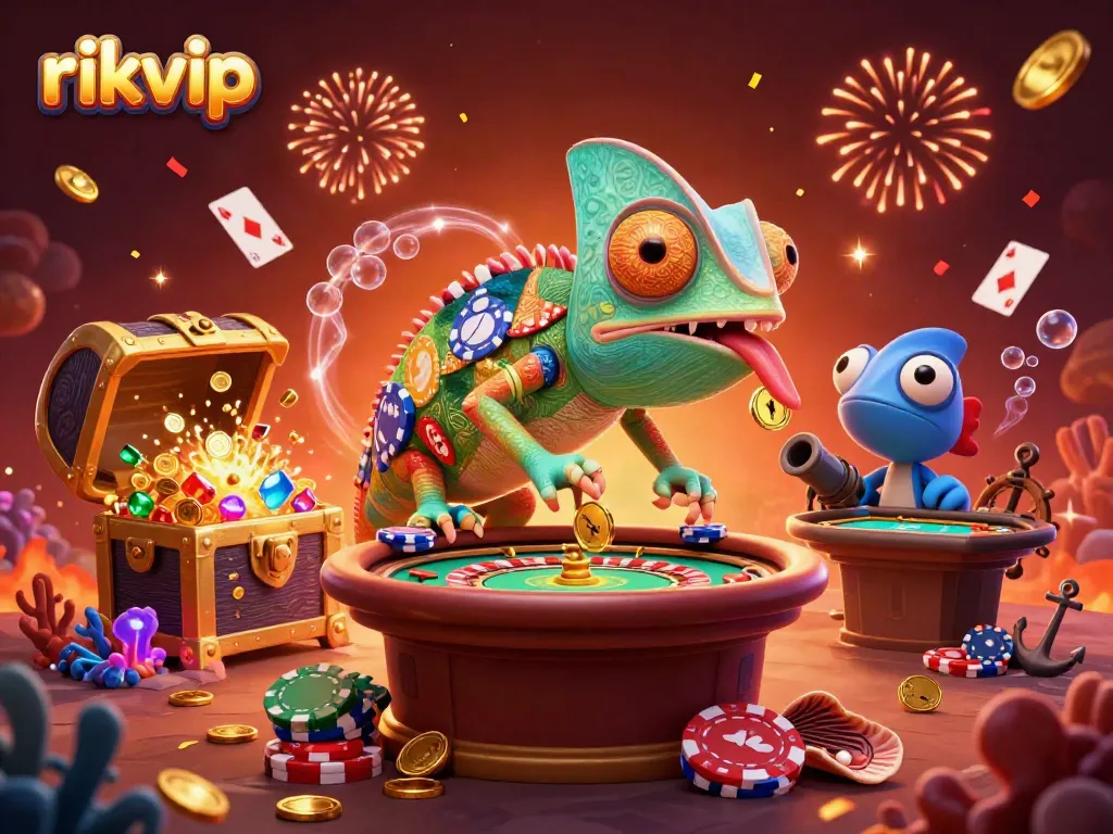 Experience the thrill of winning at rikvip with an imaginative casino scene featuring a chameleon owner and colorful game elements.