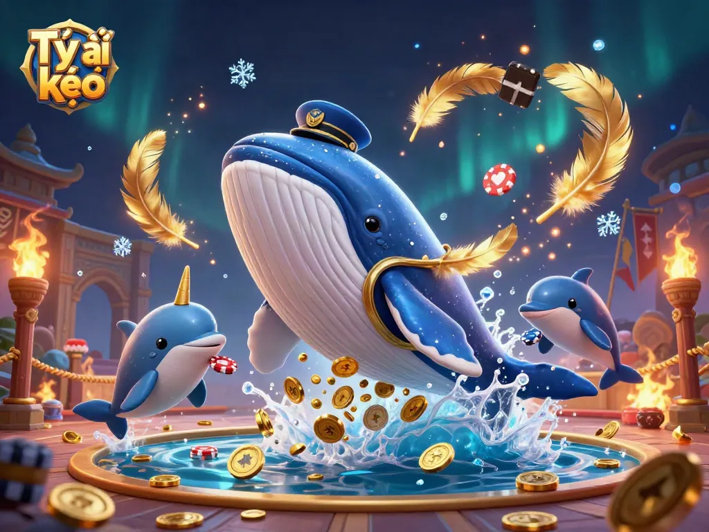 Bet on Tỷ lệ kèo with vibrant 3D scene featuring a whale and playful dolphins amidst golden coins.
