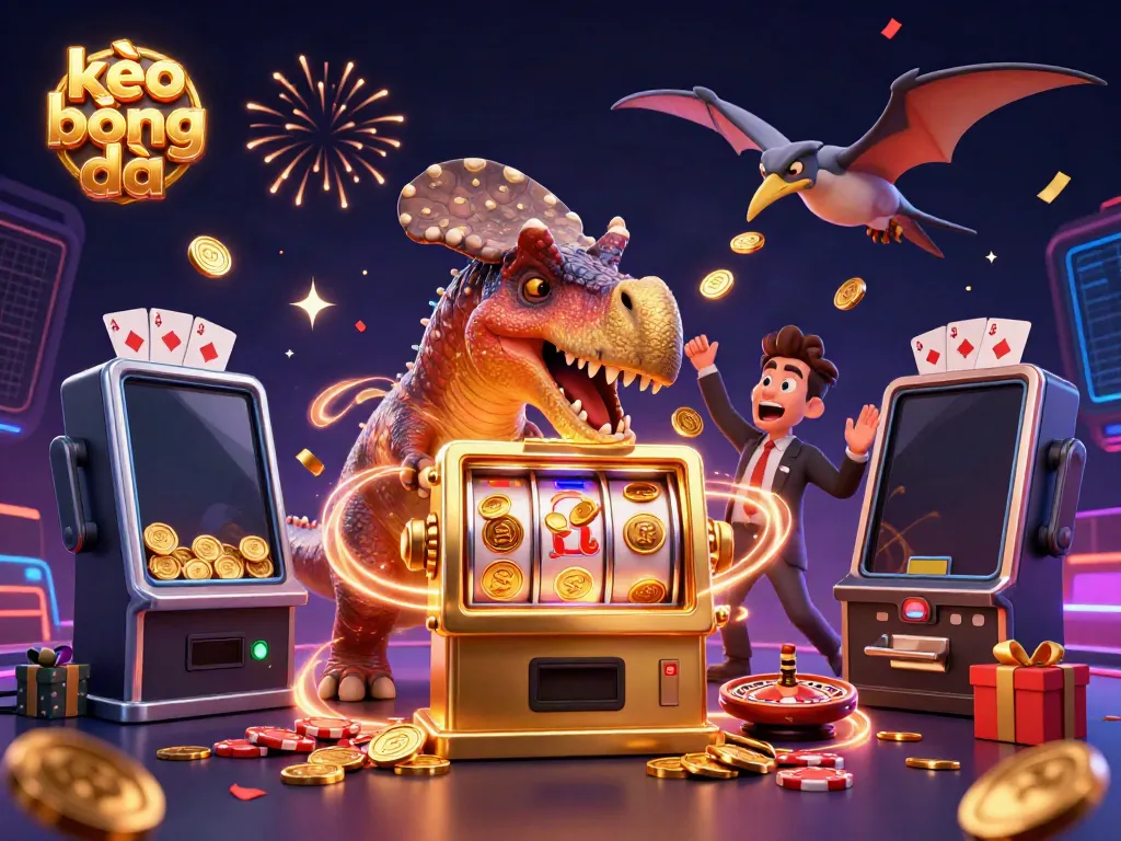 Experience exciting kèo bóng đá moments with a dinosaur-themed casino illustration featuring dynamic characters and vibrant elements.