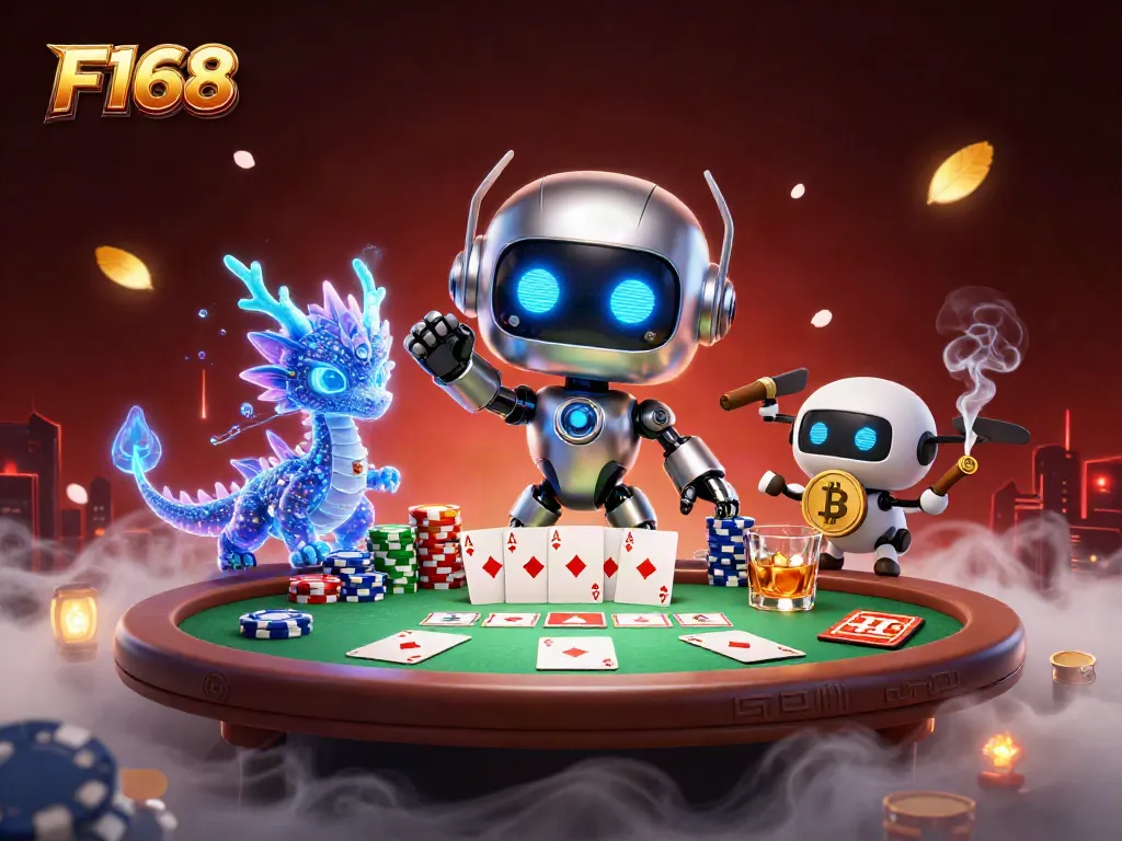 Experience thrilling gameplay at F168 with a vibrant casino scene featuring a poker table and dynamic characters.