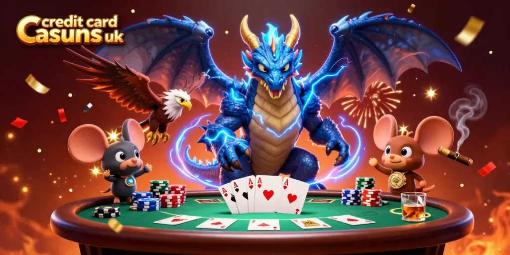 Experience excitement at credit card casinos UK with gaming characters and poker elements illustrated in a dynamic scene.