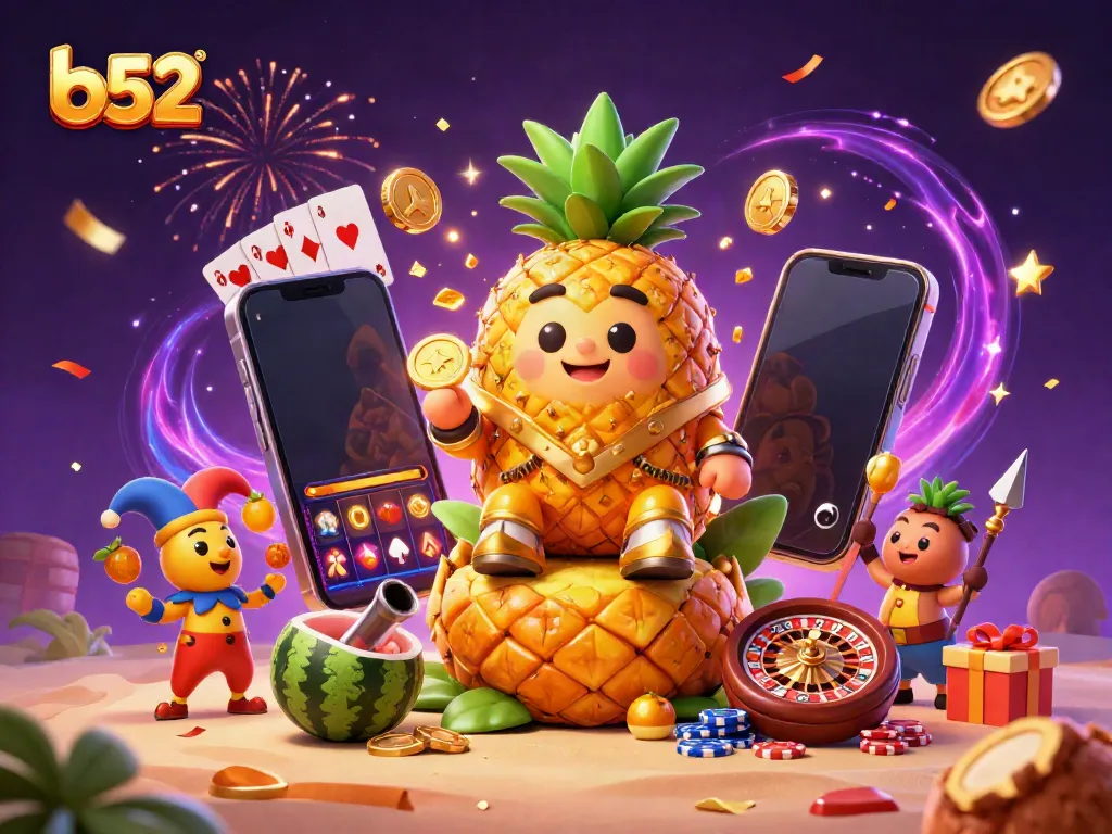 Engage in thrilling b52 slot games with a lively tropical casino atmosphere featuring a pineapple king and vibrant icons.