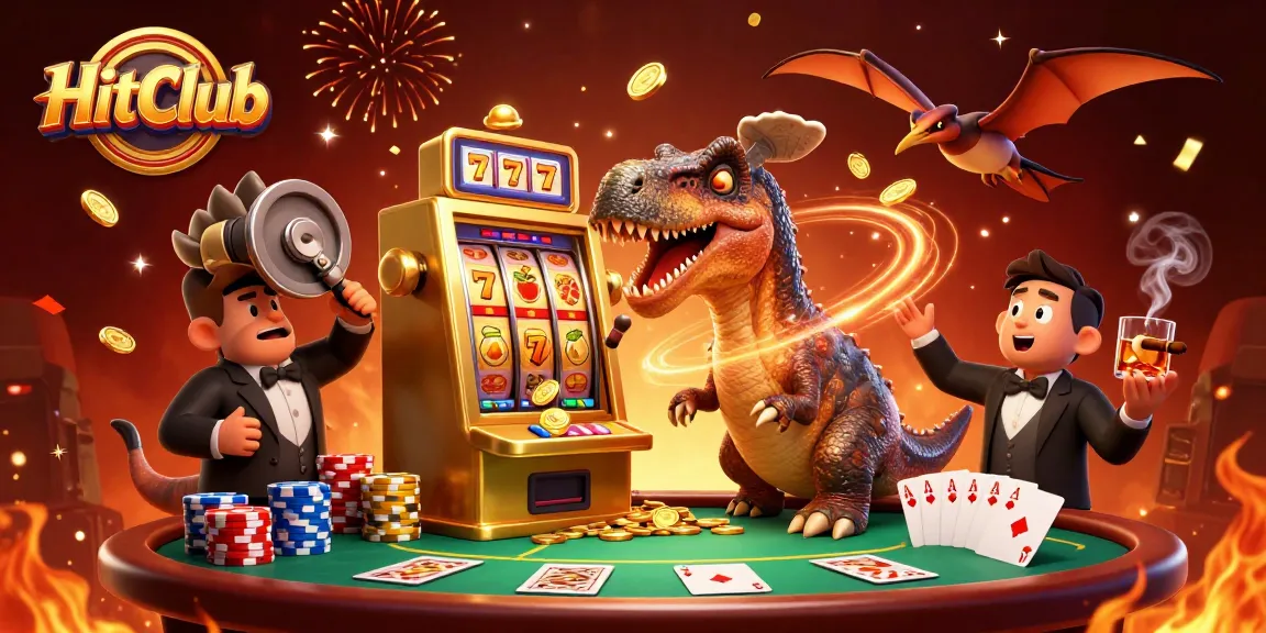 HitClub features a dinosaur-themed casino scene highlighting exciting jackpots and gaming action.