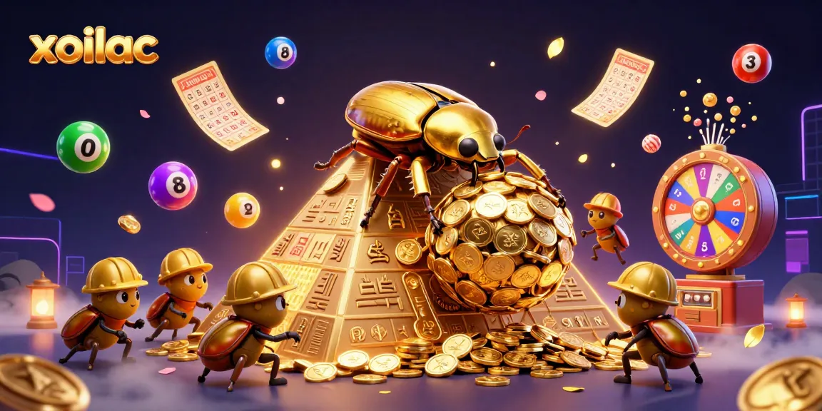 Xoilac features a golden beetle rolling coins among colorful lottery elements in a vibrant casino scene.