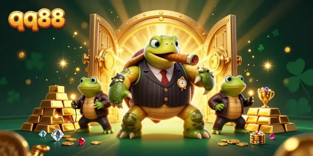 Engage with QQ88’s vibrant online gaming experience featuring a colorful, dynamic casino scene.