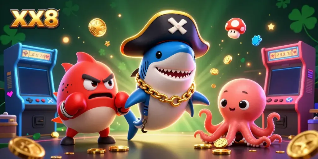 Play slots and win gold coins with XX8's entertaining pirate-themed character scene.