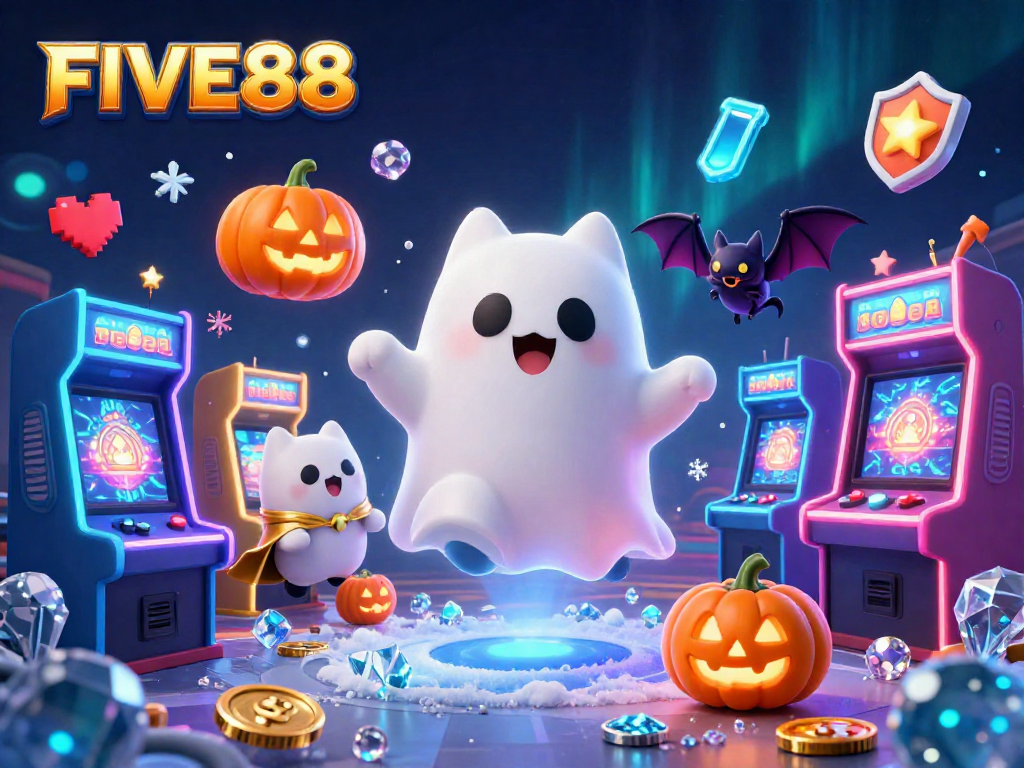 Experience the thrilling world of FIVE88 as ghostly characters bring energy to a vibrant casino game scene.