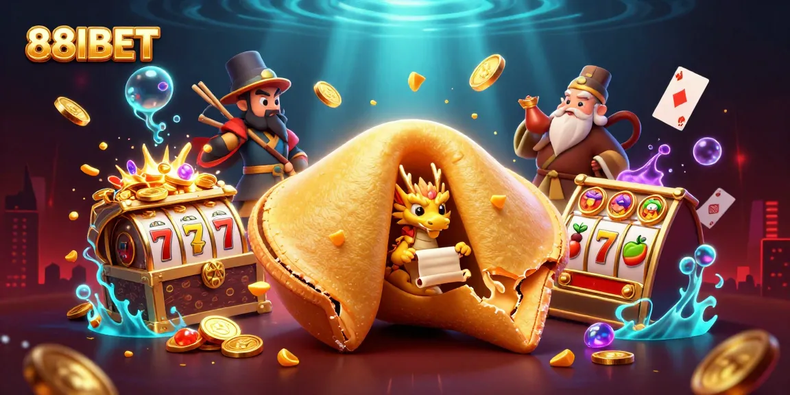 Win big with 88IBET in this lively 3D scene featuring a golden fortune cookie and fantasy gaming elements.