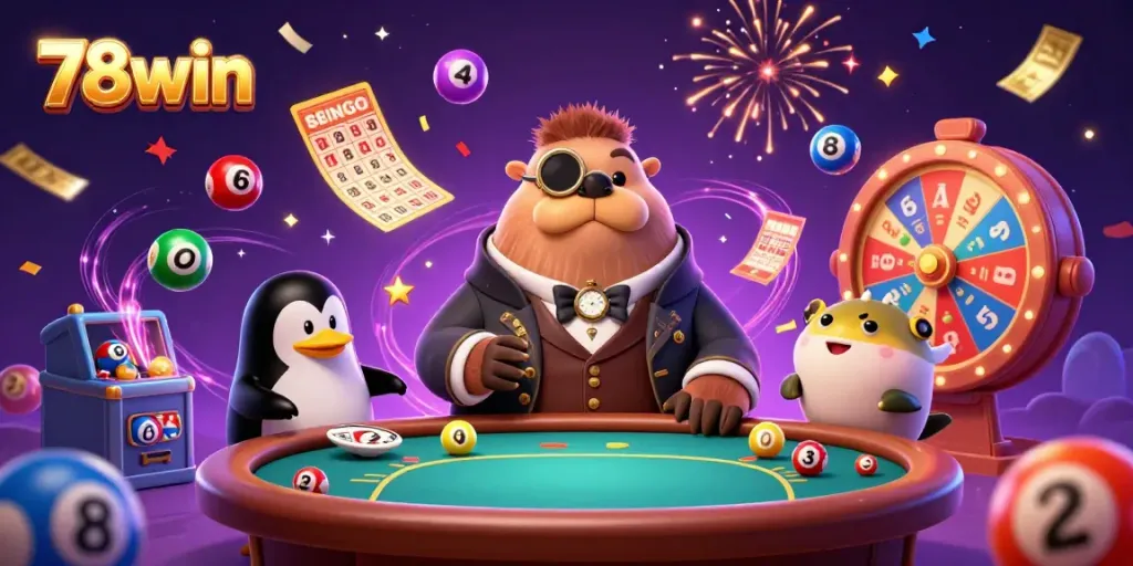 Experience the exciting world of 78win with a whimsical poker scene featuring a jolly walrus, penguin dealer, and bluffing pufferfish amidst vibrant lottery elements.