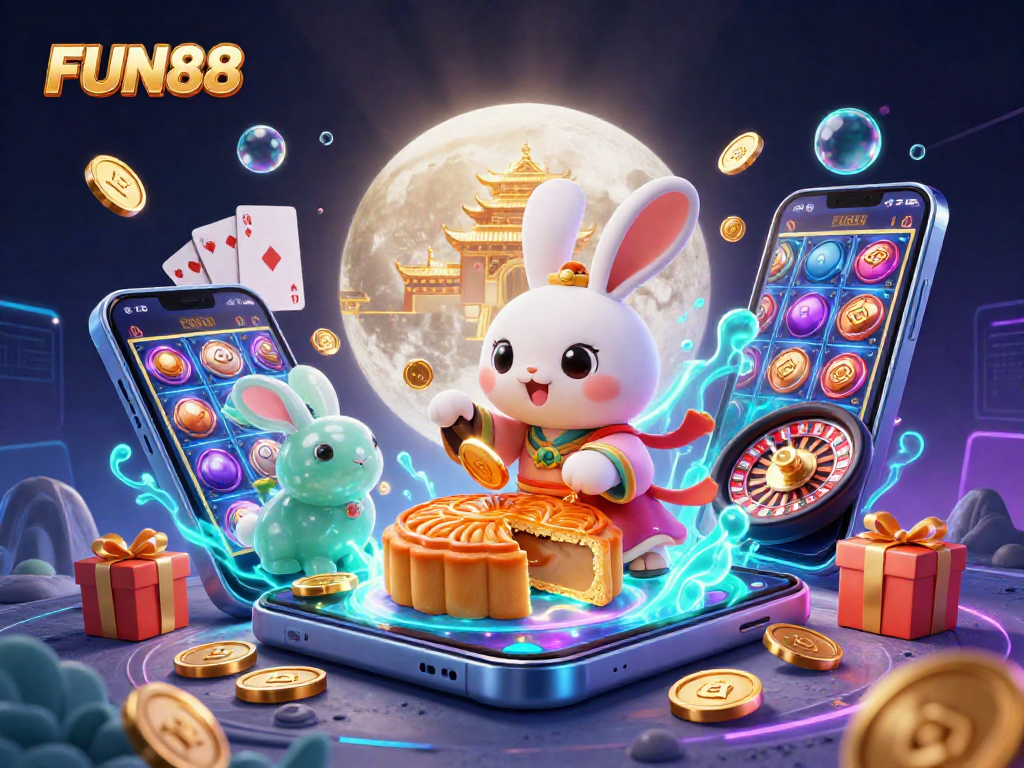 Experience the excitement of FUN88 with a dynamic 3D illustration of casino elements and folklore characters.