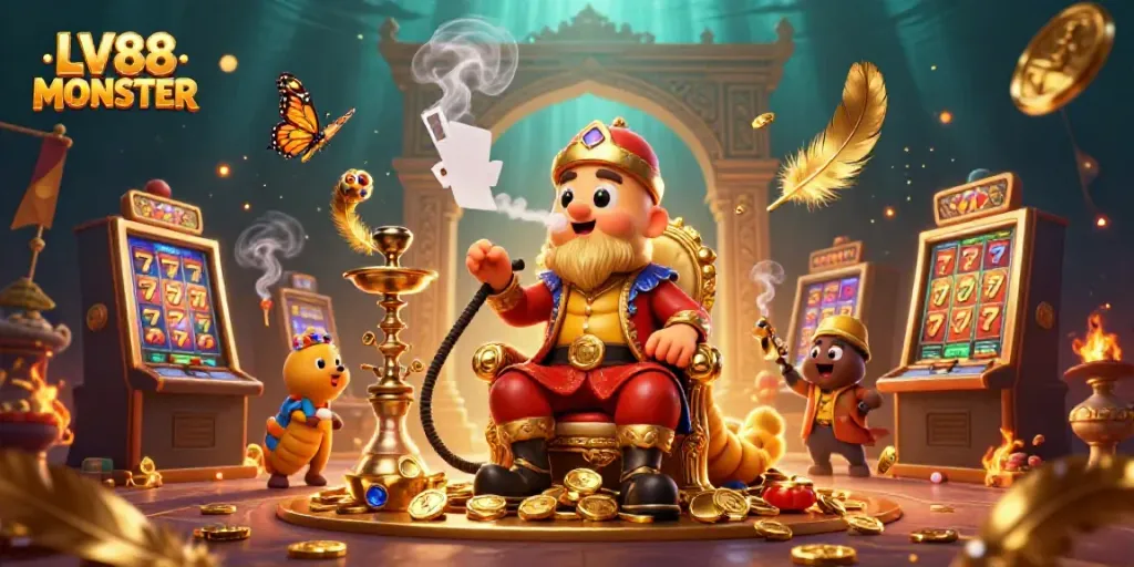 Engage in thrilling games at LV88 MONSTER with a vibrant 3D illustration of the caterpillar hookah-master among dazzling gaming elements.