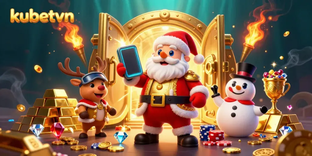 Experience the thrill of kubetvn with a vibrant 3D illustration of festive casino characters and treasure.