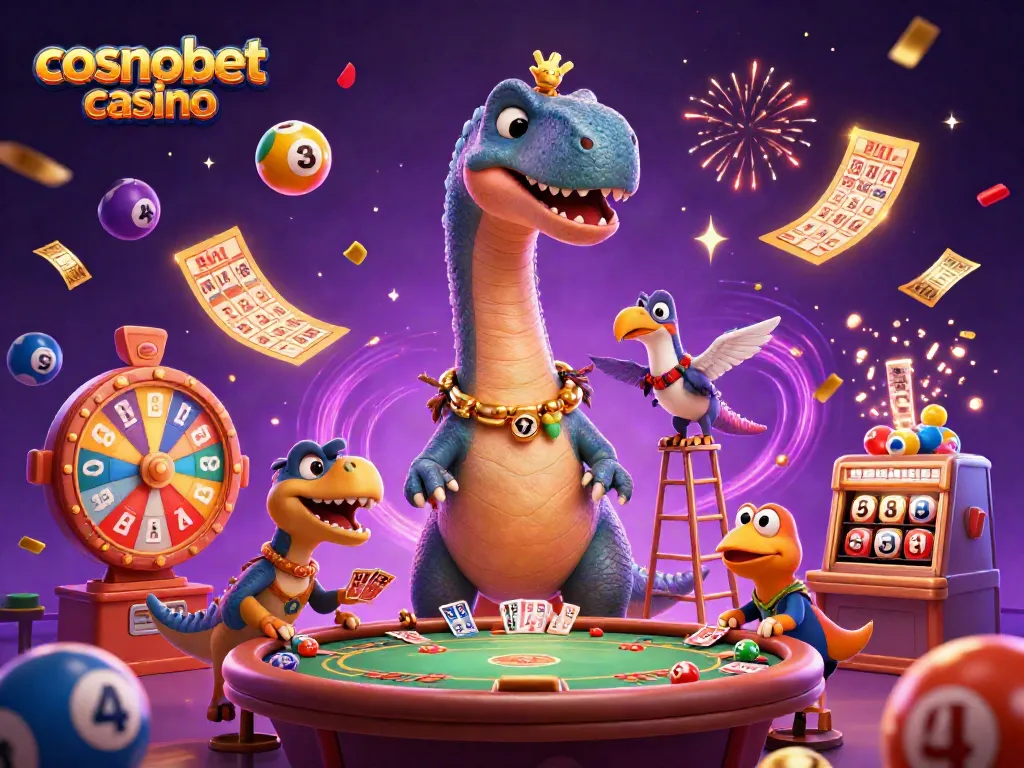 Experience the excitement of cosmobet casino with a vibrant 3D illustration featuring a playful dinosaur-themed casino scene.