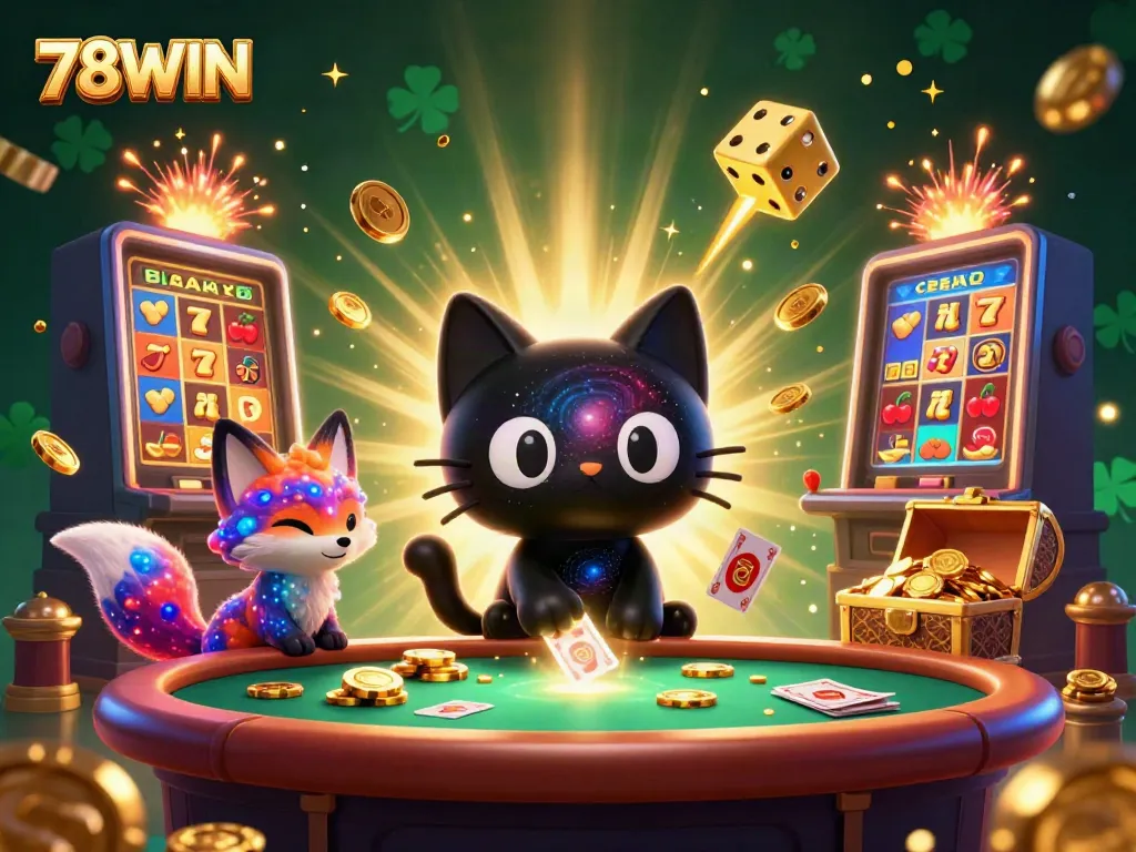 Experience the thrill of 78WIN as a cosmic cat pulls in chips at a vibrant casino table.