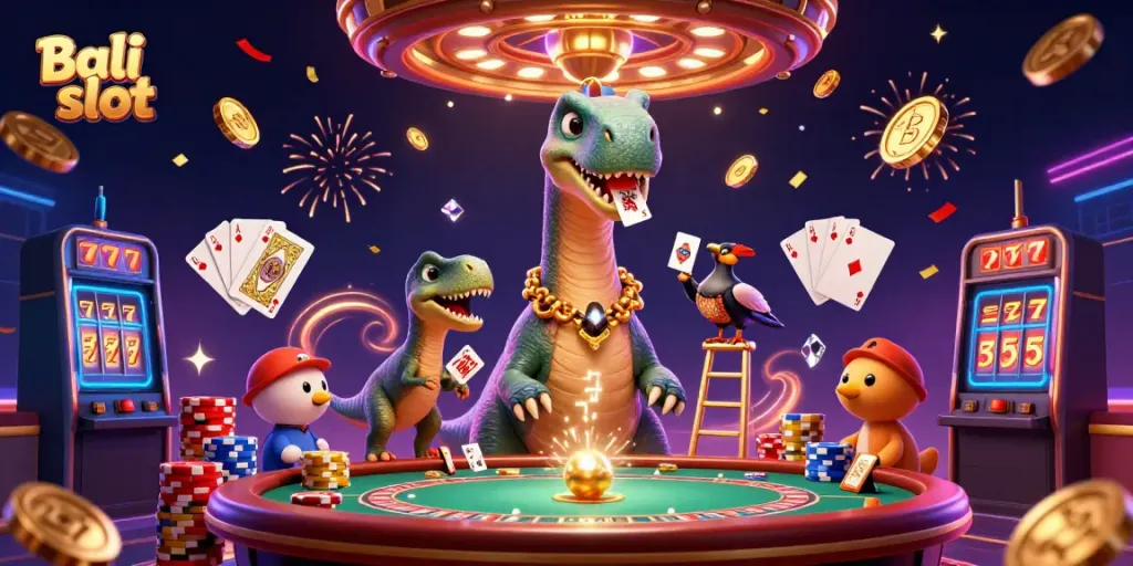 Experience Bali slot excitement in this vibrant casino scene with dynamic characters and eye-catching gaming elements.
