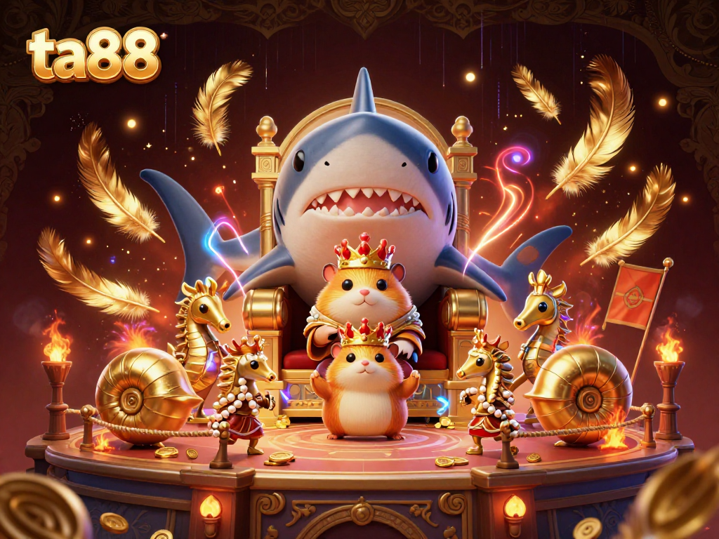 Experience the excitement of ta88 with a dynamic scene featuring a golden hamster king and royal seahorse guards.