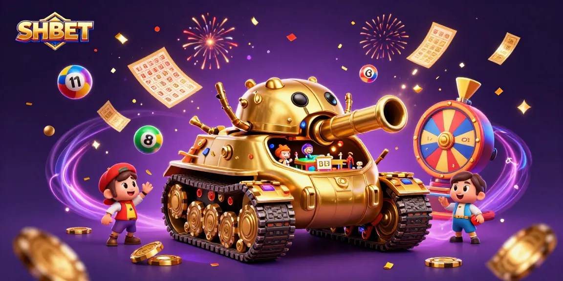 Experience SHBET's vibrant casino atmosphere with a golden beetle tank, lottery balls, and celebratory elements.